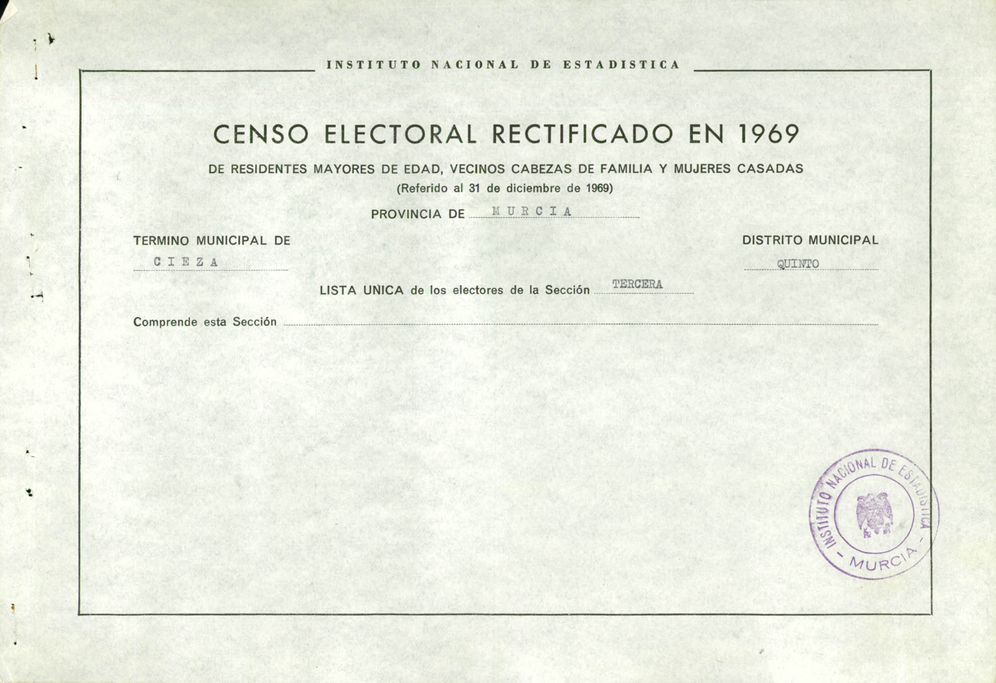 Censo electoral rectificado en 1969: listas definitivas de Cieza, Distrito 5º, sección 3ª.